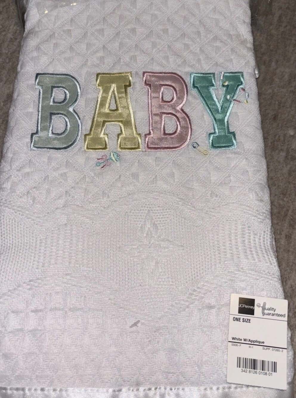 Vintage JCPenney Quiltex BABY Applique Blanket White Satin Trim Waffle Knit NOS